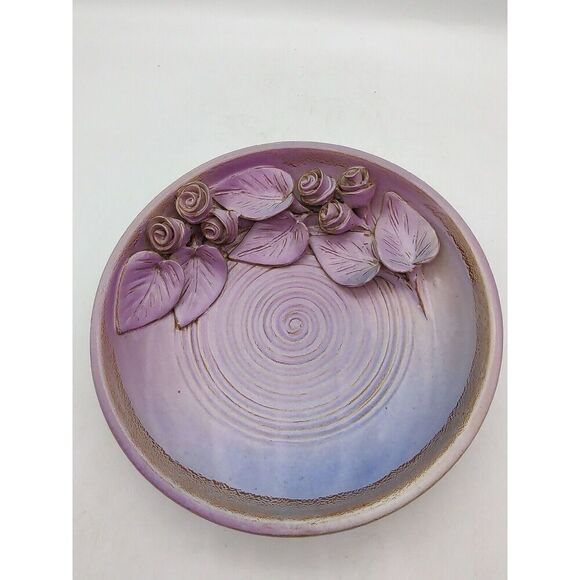 Art Pottery Bowl Dish With Roses / Purple Hues Applied Flowers Mother's Day - Picture 8 of 9